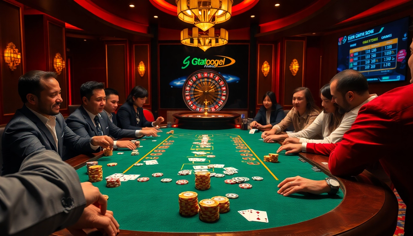 Engaging gtatogel players at a high-stakes poker table in a luxurious casino atmosphere.