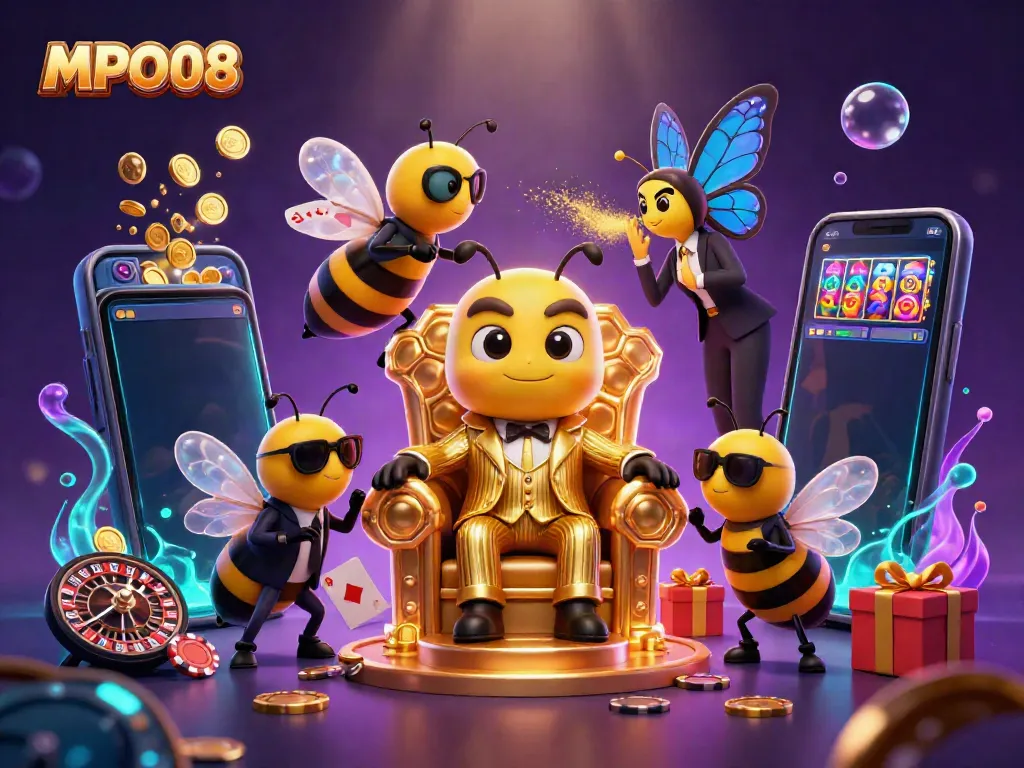 Experience MPO08's vibrant illustrated casino scene with a whimsical twist in a magical setting.