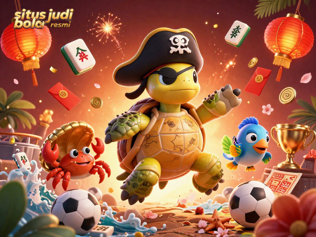 Situs judi bola resmi illustration showcasing vibrant sports betting elements with characters celebrating above treasure.