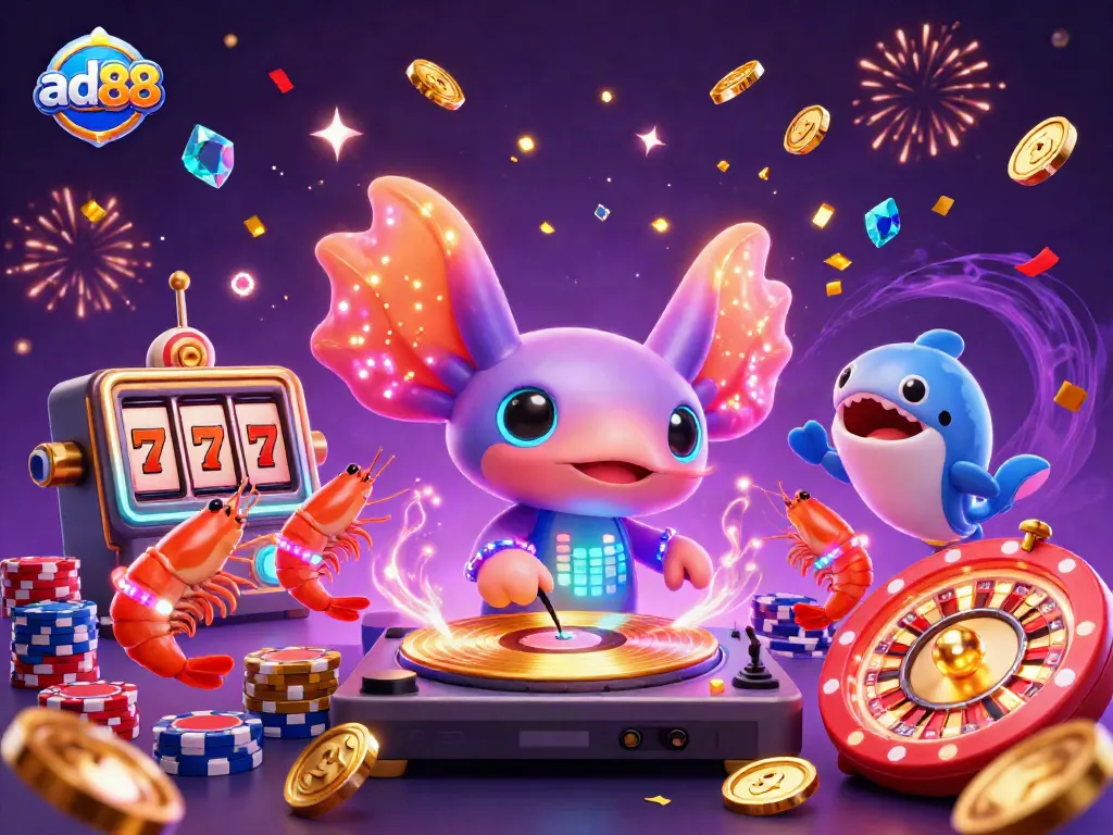 Experience the thrill of ad88 with vibrant casino elements featuring a neon axolotl DJ and dazzling game visuals.
