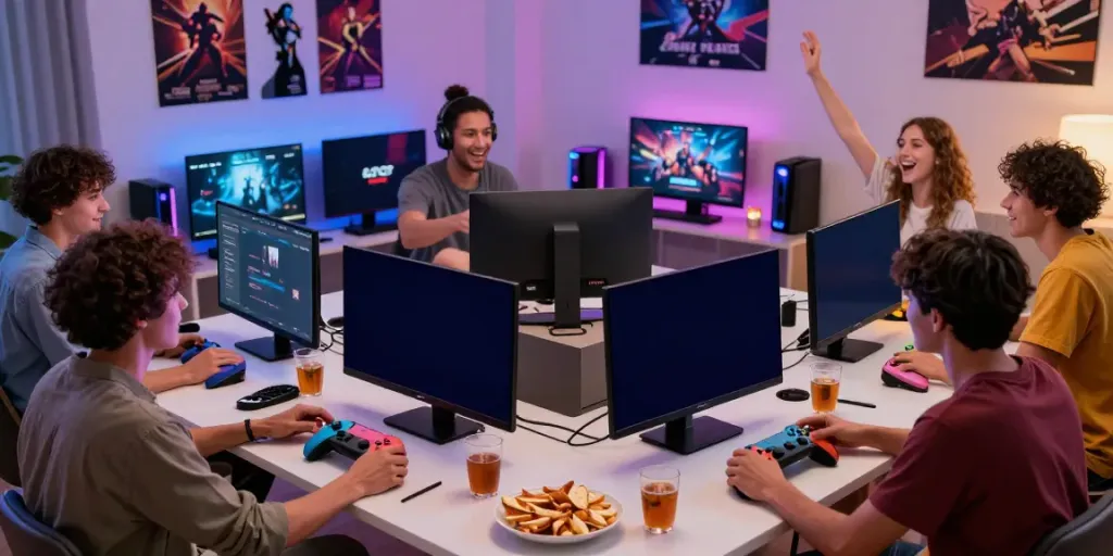 Friends experiencing kilat404 gaming fun together at home.