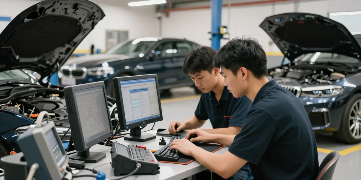 Professionelle BMW Werkstatt Hannover mit erfahrenen Mechanikern bei der Fahrzeugwartung.