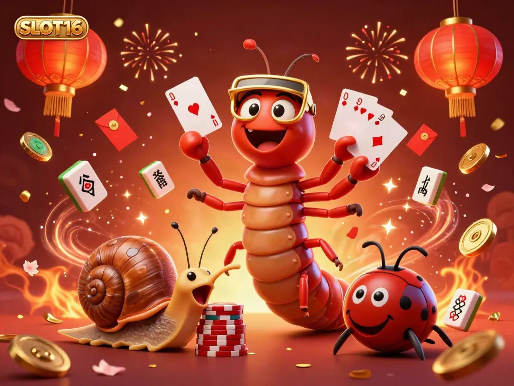 SLOT16: Experience the thrill with a vibrant 3D illustration of playful casino characters and festive elements.