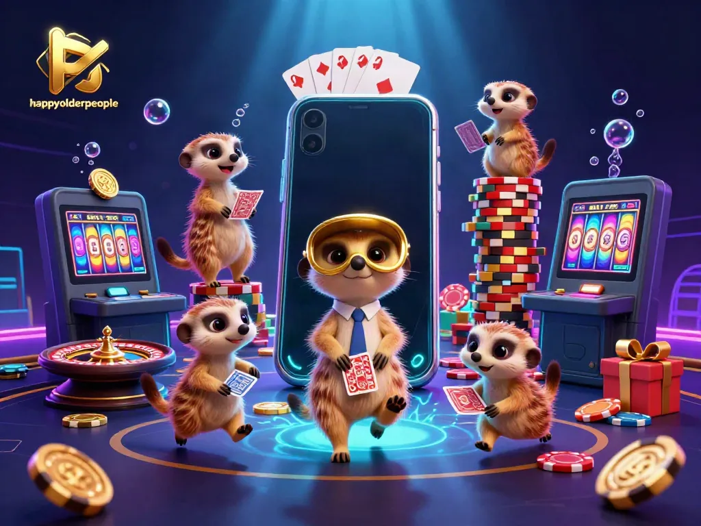 happyolderpeople meerkats run a colorful casino, showcasing vibrant gaming elements and joyful chaos.