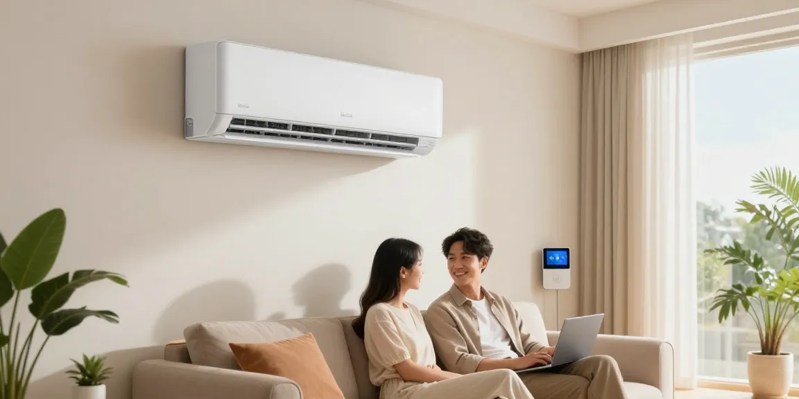 Stylish modern living room with mini split air conditioner, showcasing comfort and technology integration.