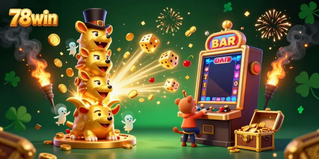 Experience the vibrant casino excitement at 78win with animated totem pole, slot machine, and gold treasures!