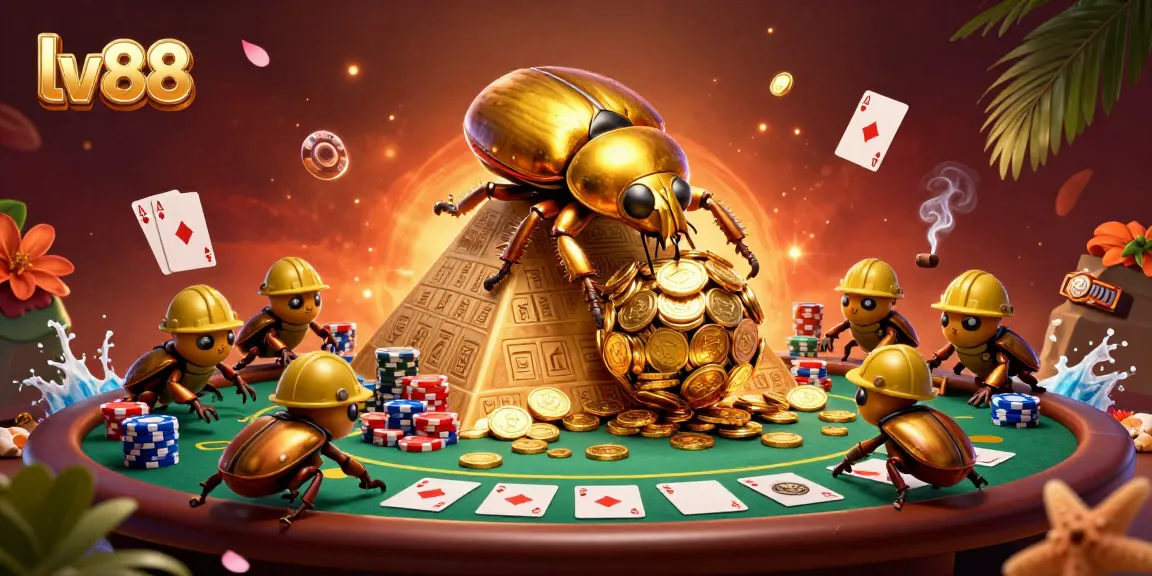 Engage in thrilling gameplay at lv88 with a vibrant 3D casino scene featuring cartoon beetles and poker elements.