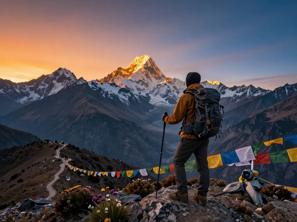 Traveler at the Annapurna Circuit Trek viewpoint during sunset, overlooking golden peaks and rocky terrain.