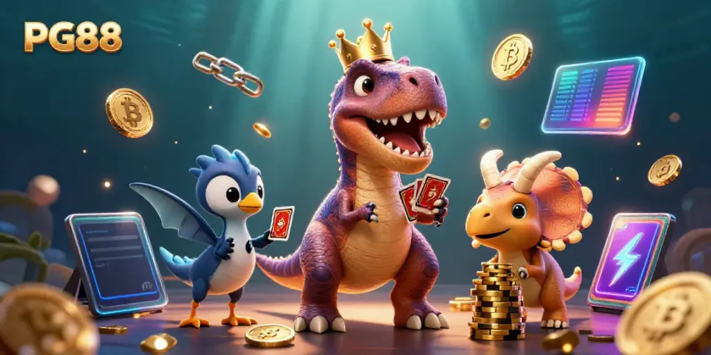 Experience the excitement of PG88 with friendly dinosaurs and vibrant casino elements in a stunning scene.
