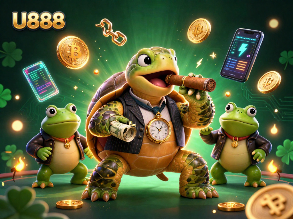 Engage in thrilling gameplay at U888 with vibrant characters and glowing crypto elements.