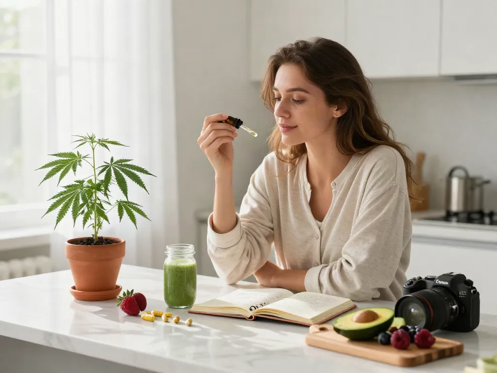 A vibrant morning routine setup showcasing an online dispensary that ships to all states, featuring CBD oil tincture and fresh hemp for natural wellness.