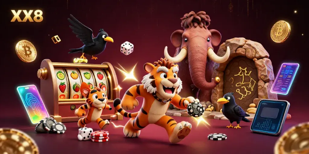 Experience the excitement of XX8 as cartoon cavemen and a sabertooth host a prehistoric casino scene.
