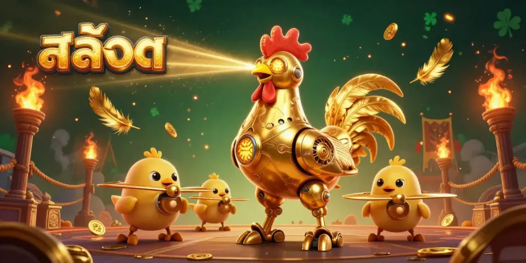 Engage in exhilarating slots action with golden rooster robots in a dynamic casino scene