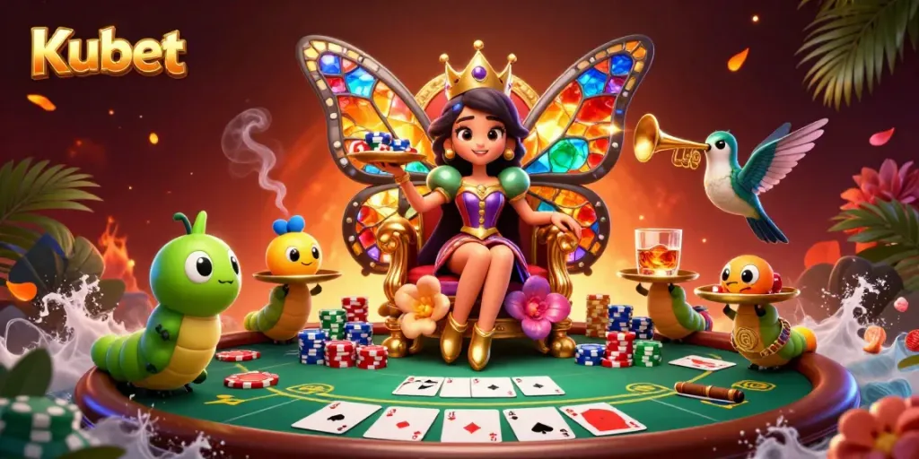 Experience high-stakes poker with Kubet, illustrated by a lavish scene of a butterfly queen amidst vibrant game elements.
