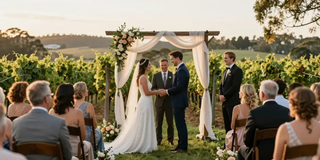 Best wedding photographer Hunter Valley capturing emotional vows in a vineyard setting.