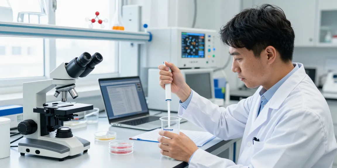 Researcher measuring SwissChems Peptides in a bright laboratory setting with scientific equipment.