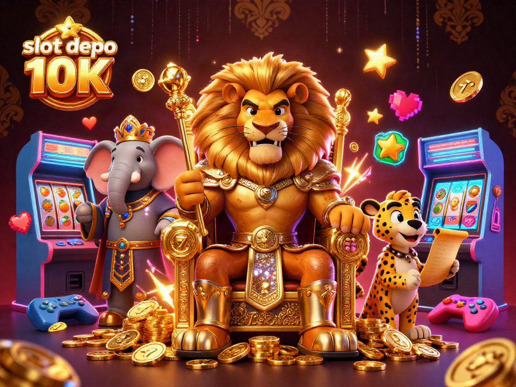 Experience the thrill of slot depo 10K with dynamic casino visuals featuring a lion king and vibrant game elements.