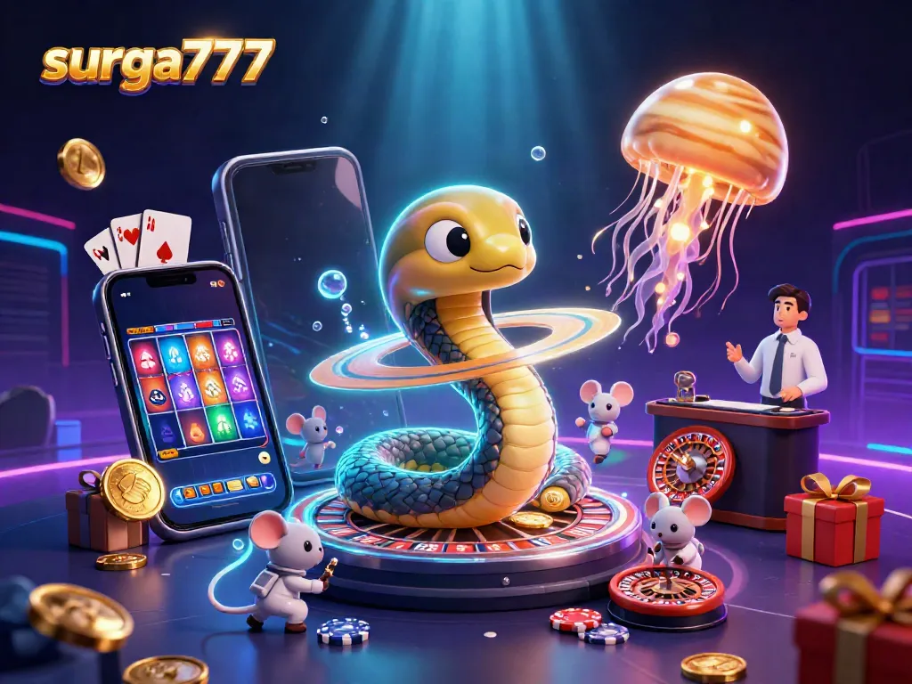 Experience the excitement at surga777 with a vibrant 3D casino scene featuring cosmic elements and playful bets.