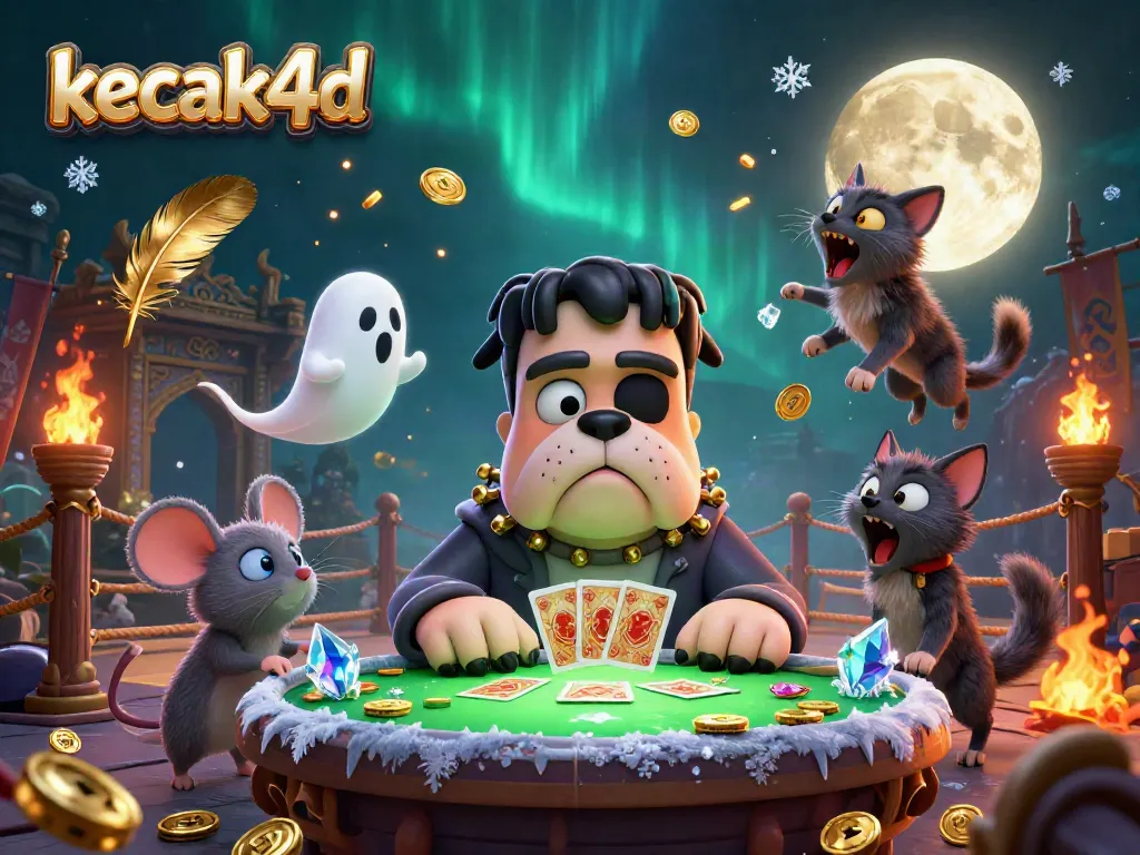 Engage with the kecak4d experience showcasing a whimsical 3D casino scene featuring a Frankenstein bulldog dealer.