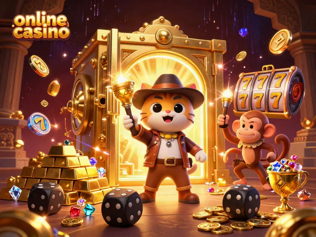Juega en un casino online con tragaperras y un gato explorador encontrando oro y gemas preciosas.
