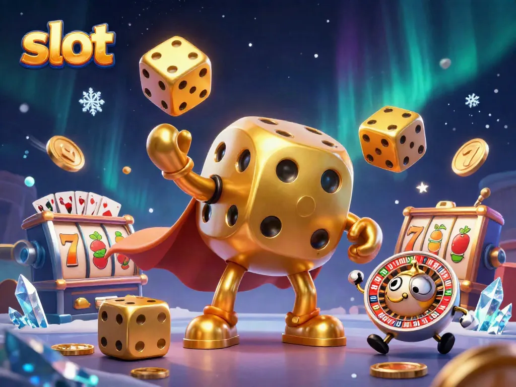 Mesin slot berkelap-kelip di tengah 3D kartun golem dadu emas, menggambarkan suasana kasino yang ceria.