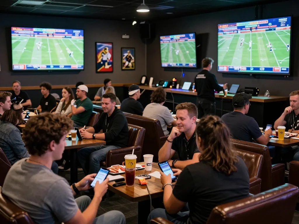 Fans engaging in real-time sports betting at 7m venue with screens displaying live matches