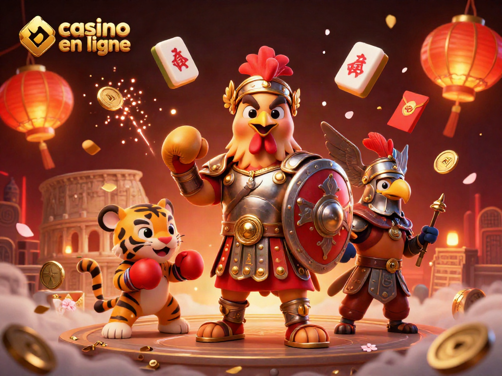 Jouez à casino en ligne avec une illustration de gladiateur coq, un tigre et une aigle, pleine de détails.