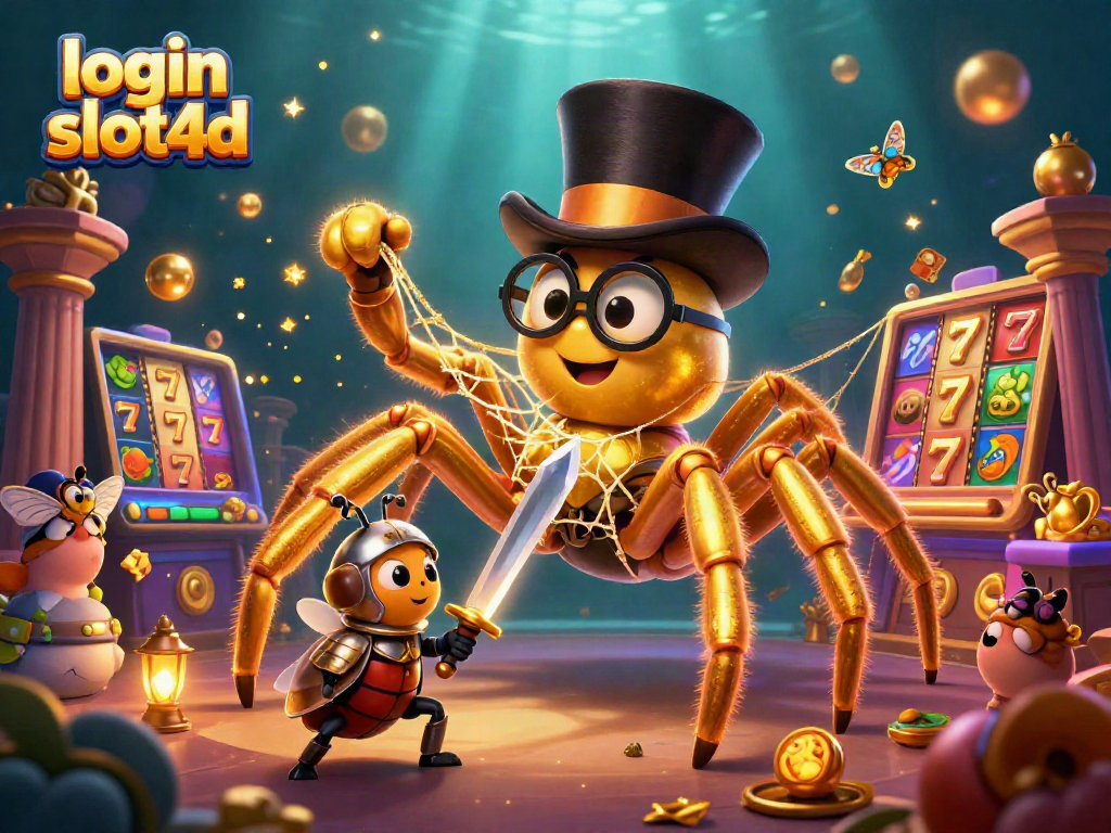 Experience the excitement of login slot4d with a 3D casino scene featuring thrilling slot reels and a golden tarantula.