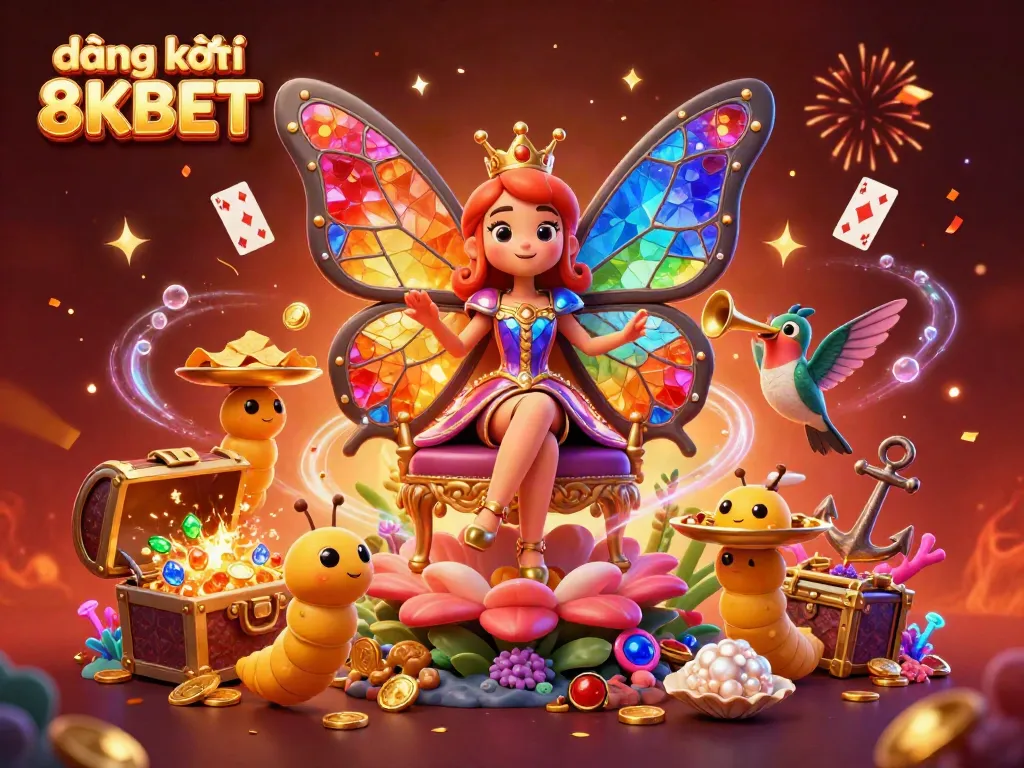 Register at 8KBET by enjoying vibrant casino elements and rewards in a rich, colorful illustration.