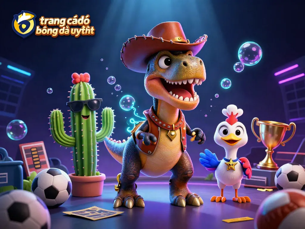 Khám phá trang cá độ bóng đá uy tín với hình ảnh sống động của T-Rex và các yếu tố thể thao.