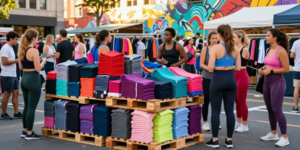 Lululemon liquidation pallets displayed in a vibrant urban setting, showcasing premium athletic apparel for retailers and enthusiasts.