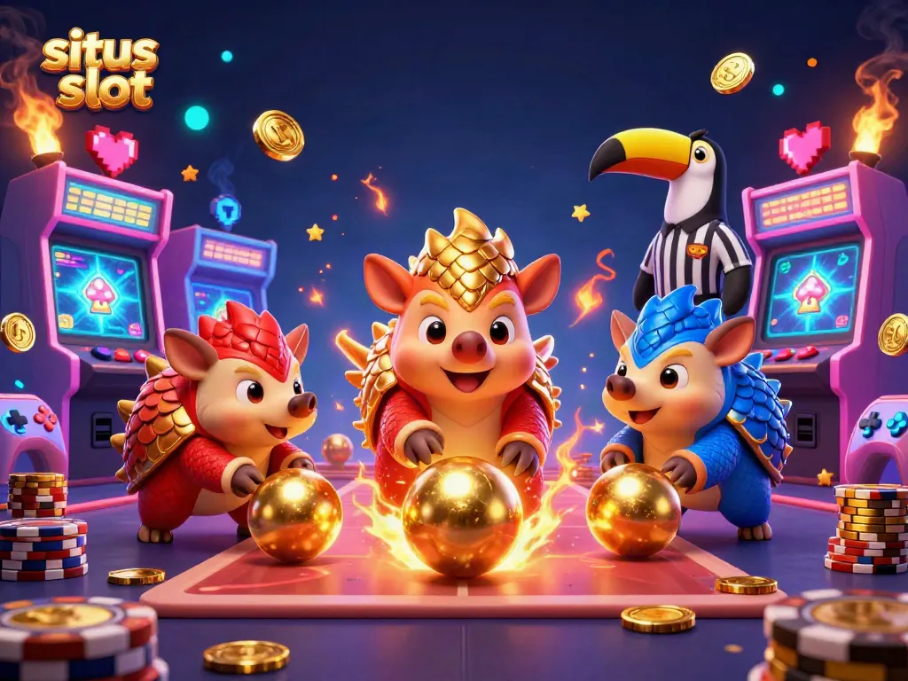 Menggulung bola emas di situs slot dan melawan taruhan dengan dua pangolins yang berwarna cerah.