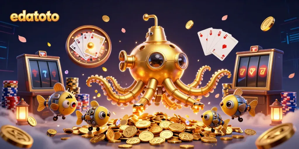 Experience edatoto in an immersive underwater casino scene with a golden kraken and vibrant game elements.