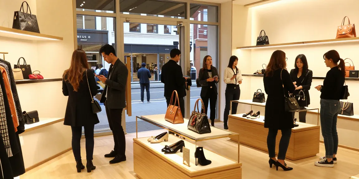 Stylish individuals exploring 명품 레플리카 in a luxurious boutique, showcasing high-end fashion items.
