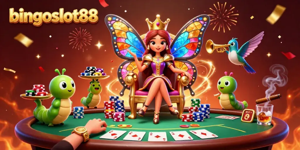 Rasakan keseruan bingoslot88 dengan ilustrasi kemewahan kasino penuh warna dan karakter ceria.