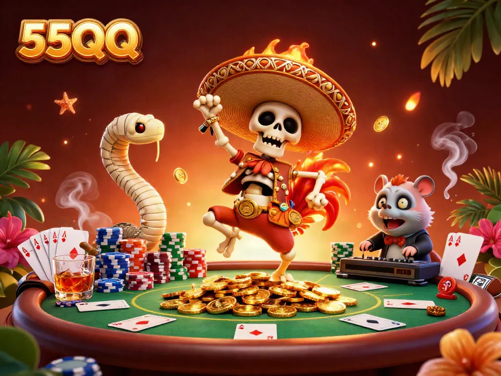Experience vibrant gaming action in 55QQ's dynamic casino scene with iconic characters.