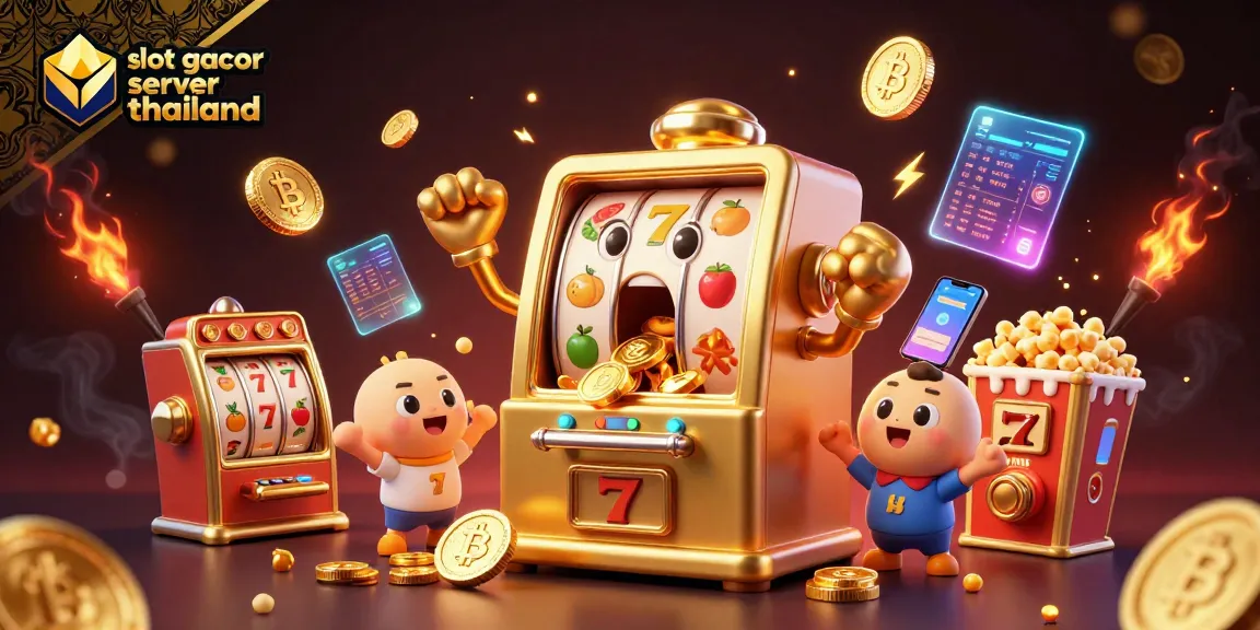Experience the excitement of slot gacor server thailand with a vibrant 3D depiction of a golden slot machine hitting jackpots surrounded by cheering toys.