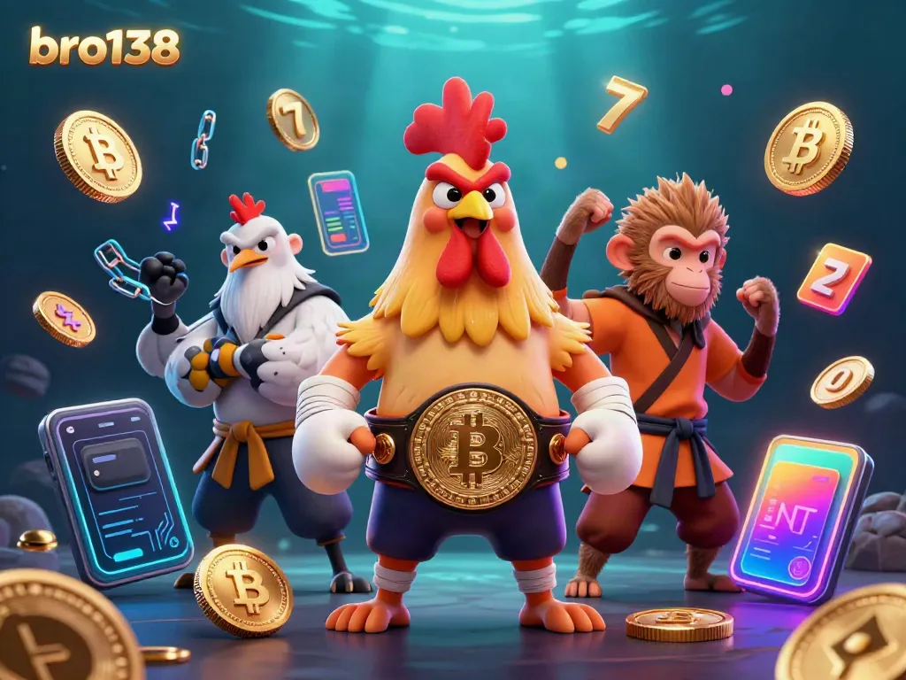 Witness the excitement at bro138 with a Muay Thai rooster, Shaolin monkey, and crane celebrating wins alongside vibrant gaming elements.