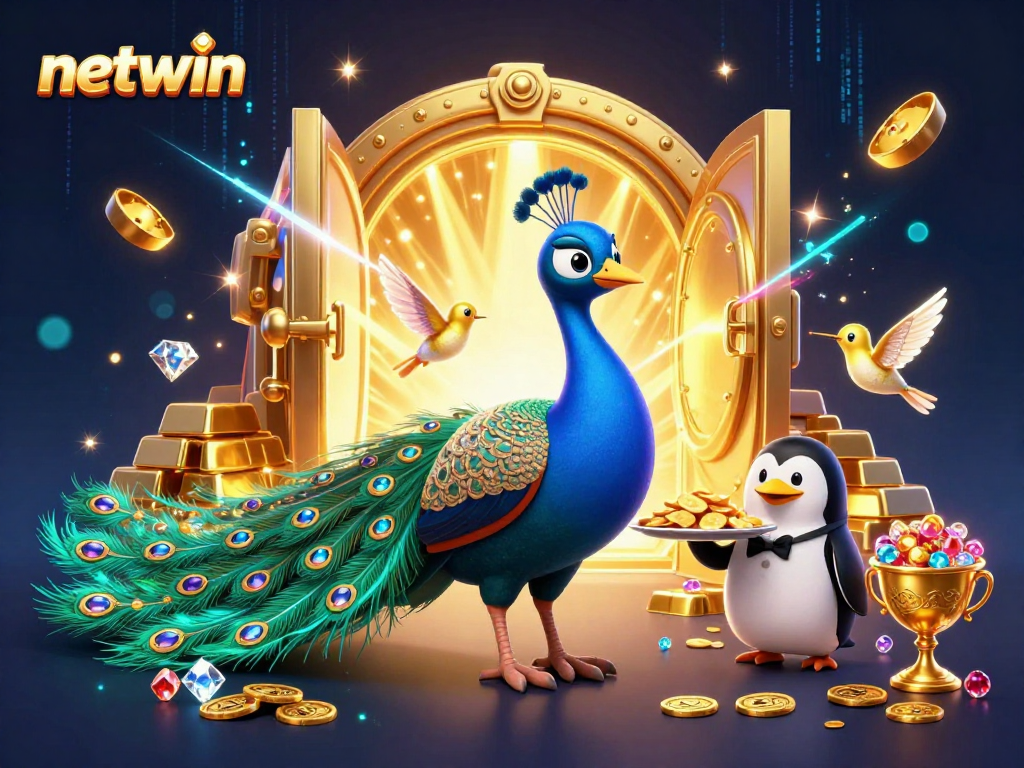 Experience the vibrant world of netwin as a peacock and penguin celebrate casino wins with golden chips and jewels.