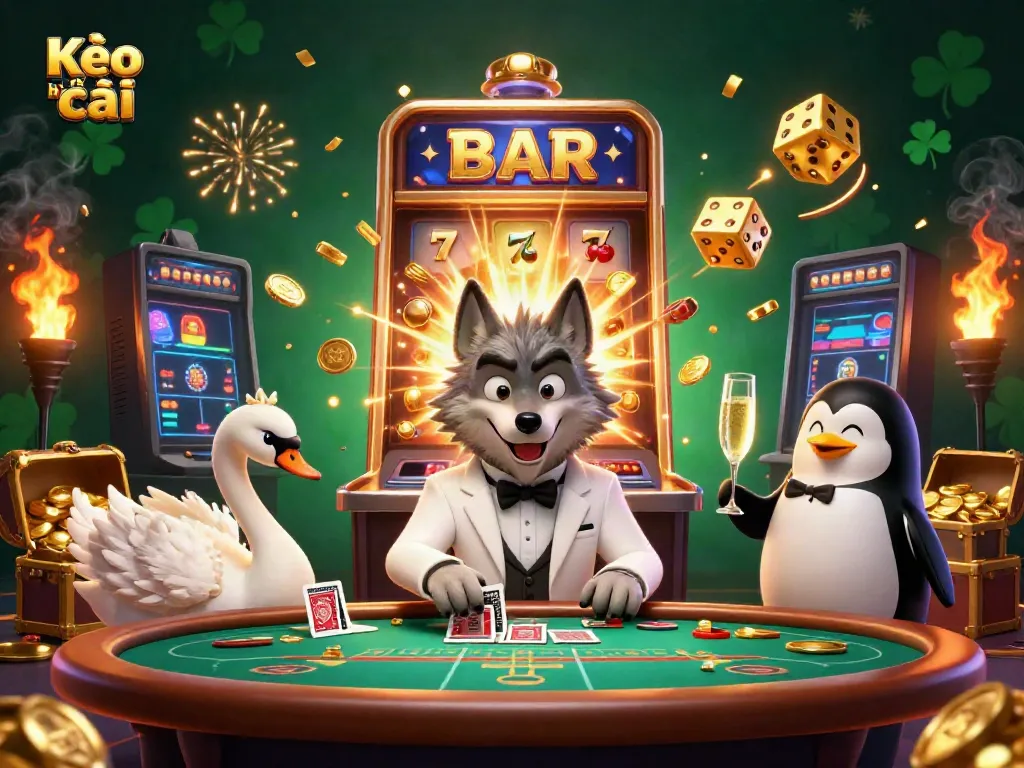Kèo nhà cái featuring a debonair wolf and elegant swan at a baccarat table with slot machines and gold coins exploding.
