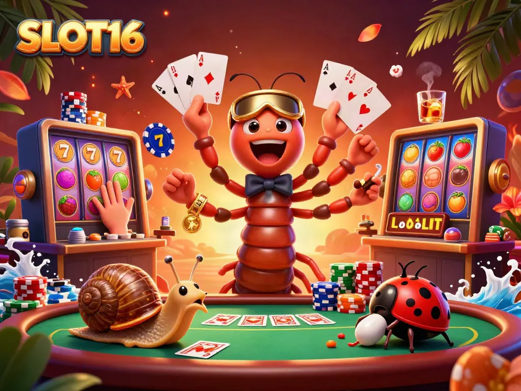 Experience the thrill of SLOT16 with vibrant casino characters, cards, and colorful slot reels.