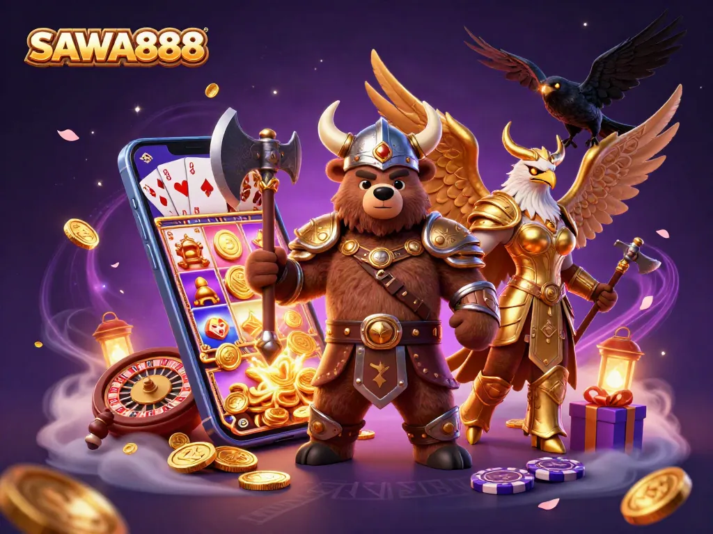 SAWA888 showcases a vibrant Viking-themed casino scene filled with action and excitement.