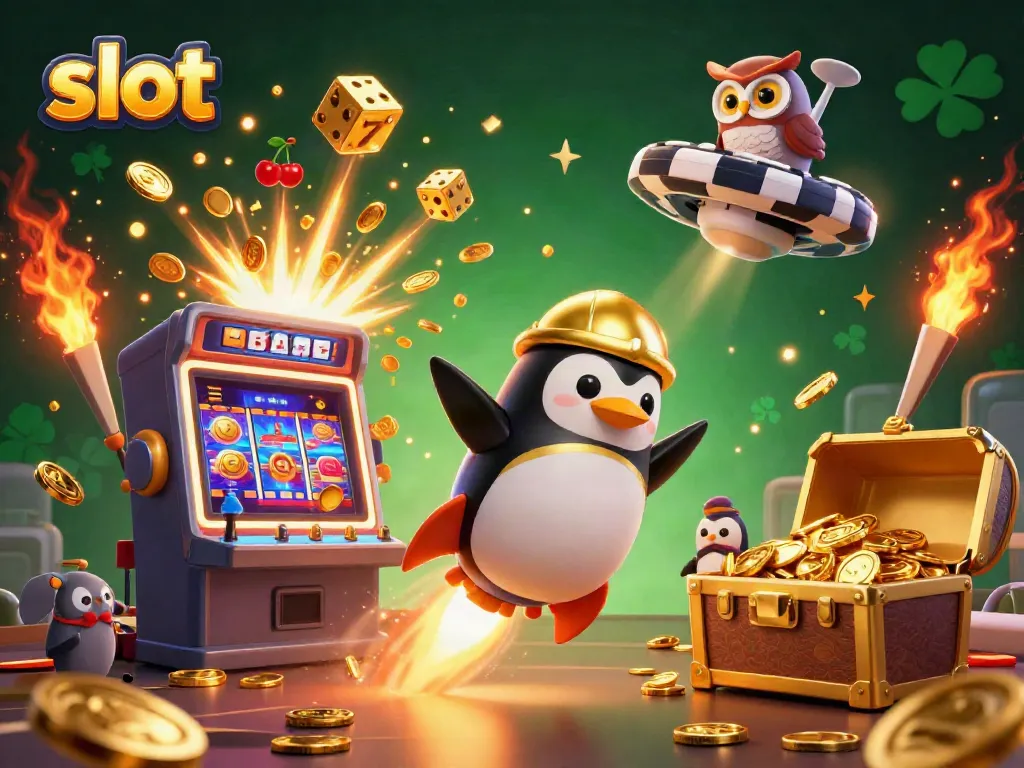 Slot penguin terbang di luar angkasa, jackpot mesin slot berkilau, permainan kasino yang seru.