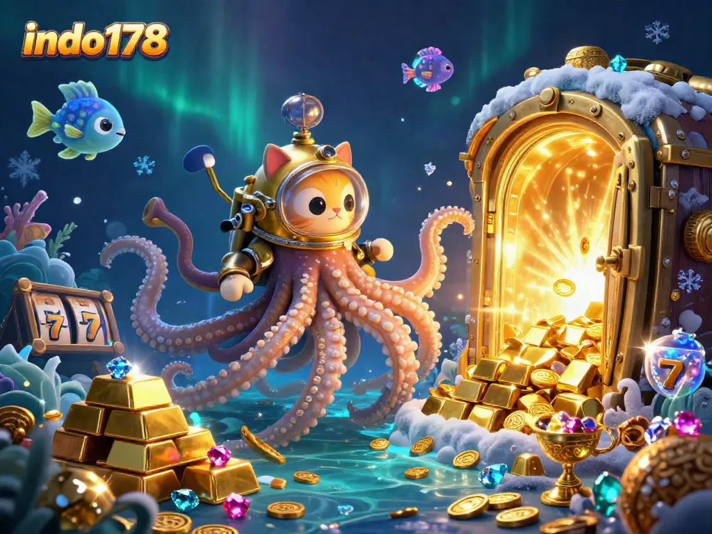 Engage with indo178's vibrant casino world, showcasing kraken and treasures amidst slot reels.
