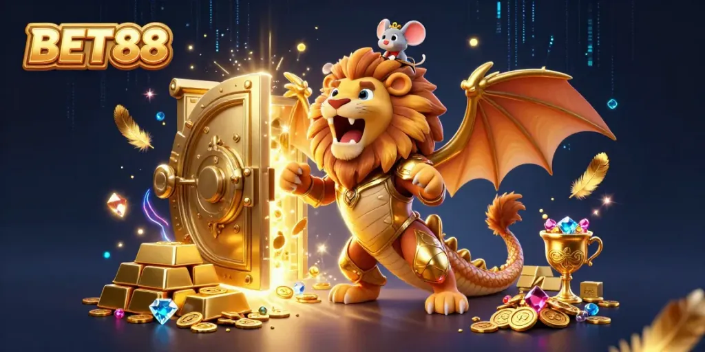Bet88 features a golden chimera creature illustrating a triumphant casino scene filled with treasures.