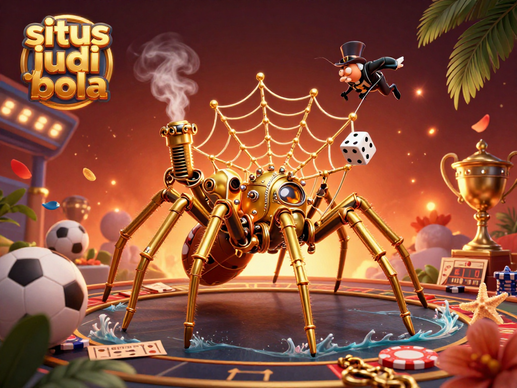 Engage in situs judi bola excitement with dynamic betting scene featuring spider, dice, and sports elements.