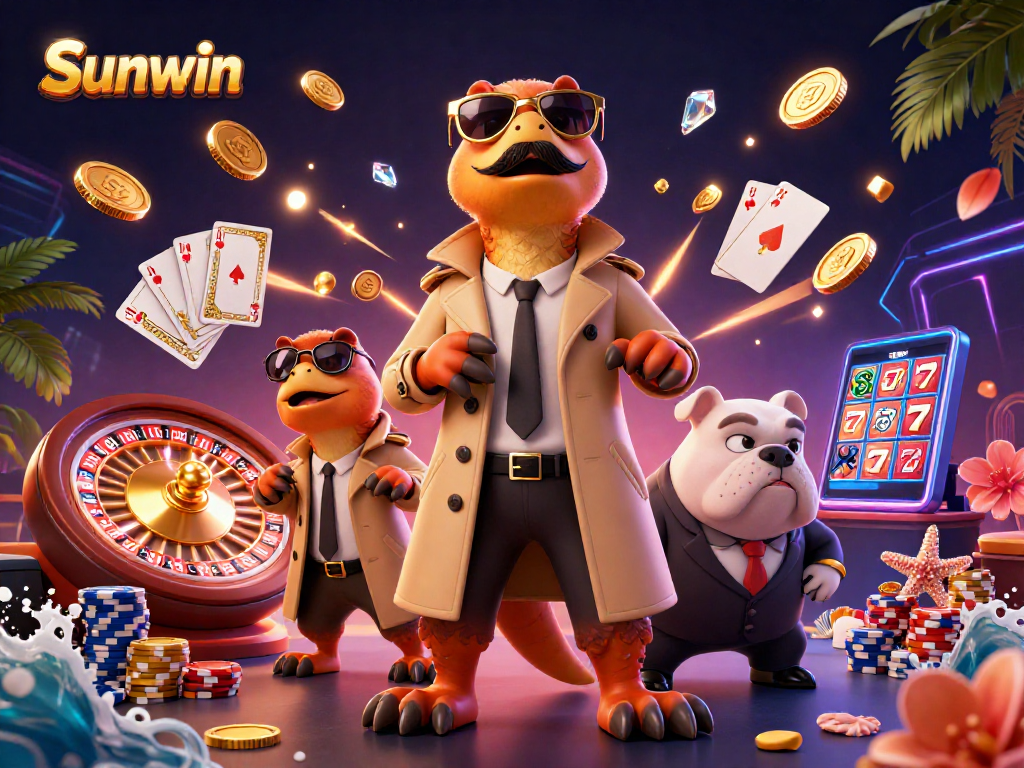 Experience Sunwin’s excitement as raptors in disguise enter a vibrant casino scene filled with treasures.