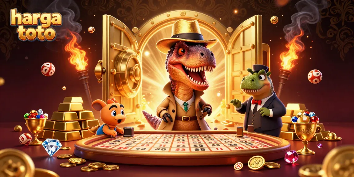 Engage in exciting lottery with harga toto amidst a dynamic scene featuring clever characters and gold