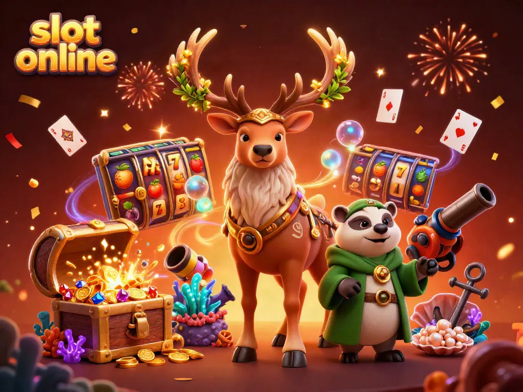 Menyusun slot online dengan gulungan slot, simbol buah, dan harta karun di tengah cahaya magis.