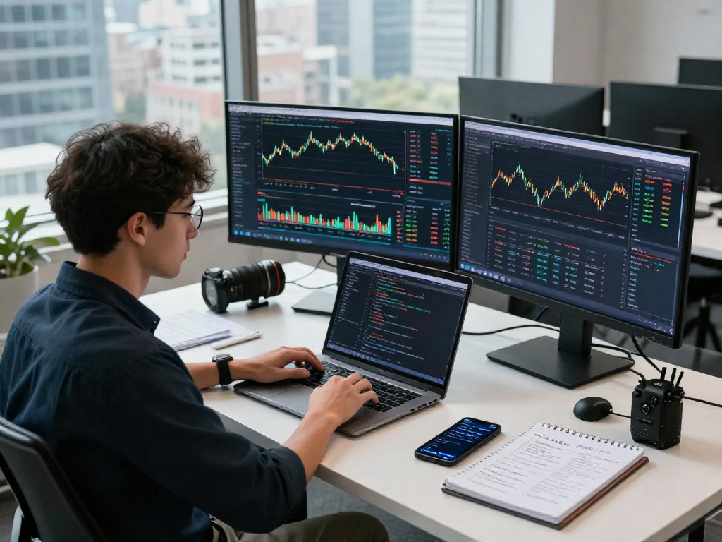 US algo trading stock API in action within a dynamic financial workspace showcasing real-time data analysis and trading strategies.